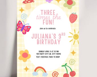 Three Times the Fun Birthday Invitation| Colorful Kids Birthday Party Invite