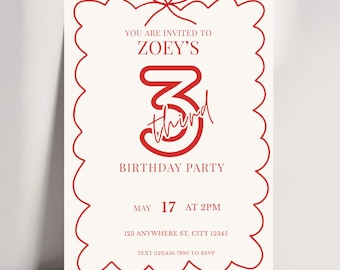 Red Bow 3rd Birthday Invitation Template, Minimalist Girl Party Invite (Digital Download