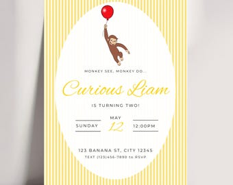 Curious George birthday invitation| 1st 2nd 3rd birthday|editable template|printable Monkey invite