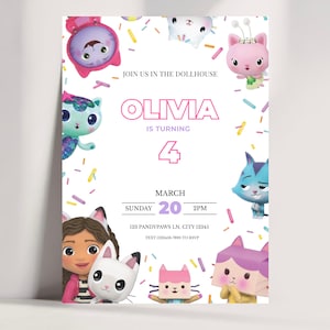 Gabby's Dollhouse Birthday Invitation | Editable Pink Cat Party Invite (Digital Download)|GD3