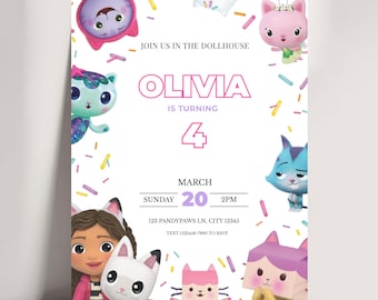 Gabby's Dollhouse Birthday Invitation | Editable Pink Cat Party Invite (Digital Download)|GD3