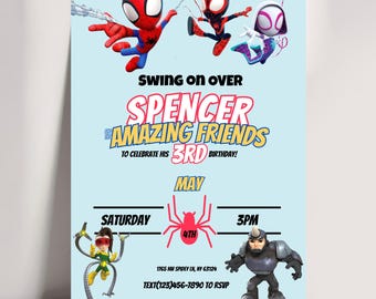 Spidey and His Friends Birthday Invitation, Superhero Kids Bday Invite (Digital Download)