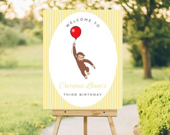 Curious George Birthday Welcome Sign, Cartoon Monkey (Digital Download)