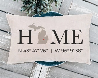 Home Coordinates Pillow - New Home Gift Ideas - Personalized Housewarming Gift Idea - GPS Coordinates State With Heart Throw Pillow