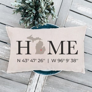 Home Coordinates Pillow - New Home Gift Ideas - Personalized Housewarming Gift Idea - GPS Coordinates State With Heart Throw Pillow