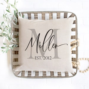 May include: A beige throw pillow with a large gray "M" and the text "Miller EST. 2012" in black.