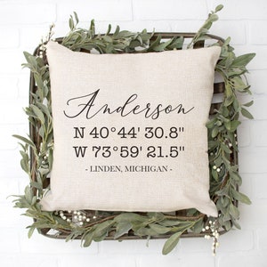 GPS Coordinates Pillow - Latitude Longitude Pillow - Address Pillow - Farmhouse Pillow Cover - Pillow With Words - Pillow Covers 18 x 18