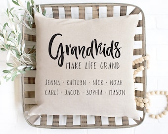 Grandkids Make Life Grand - Grandparent Christmas Gift - Personalized Pillow - Grandparent Pillow Case - Name Pillow Cover - Kids Name Gift