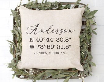 GPS Coordinates Pillow - Latitude Longitude Pillow - Address Pillow - Farmhouse Pillow Cover - Housewarming Gift - Realtor Closing Gift