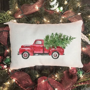 Funda de almohada con diseño de árbol de Navidad y camión rojo - Decoración lumbar rústica