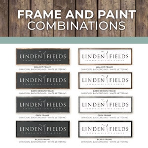 Puede incluir: Una gu&iacute;a visual que muestra diferentes combinaciones de marcos y pintura para un letrero que dice "Linden Fields Personalized Gifts & Decor". El letrero se muestra en marcos de nogal, marr&oacute;n oscuro, gris y negro con un fondo de carb&oacute;n y letras blancas.