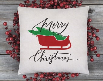 Merry Christmas Pillow Covers 18x18 - Christmas Sleigh Decor - Merry Christmas Sled - Farmhouse Christmas Throw Pillow Covers - Rustic Decor