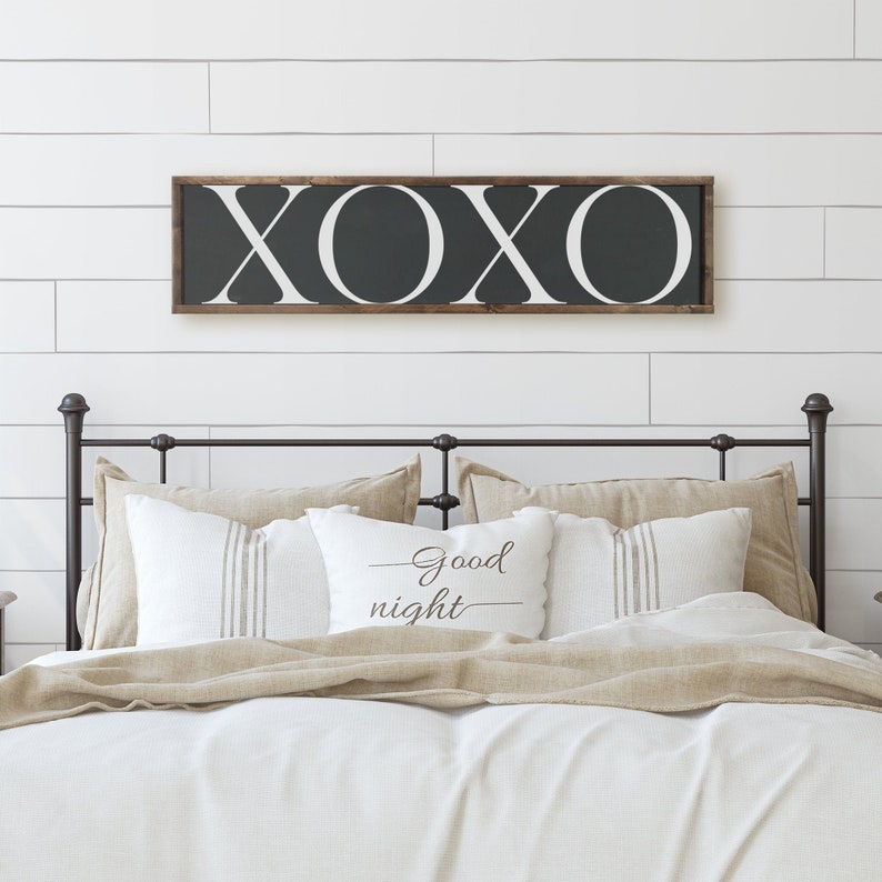 XOXO Farmhouse Wood Sign For Above Bed Master Bedroom Wall Decor Framed Sign For Above Bed Love Wood Sign Wedding Gift Idea image 1