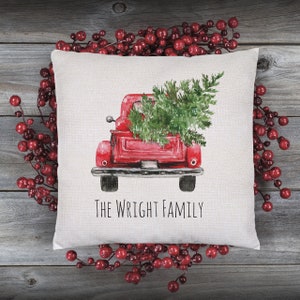 Vintage Truck With Tree Family Name Personalized Pillow Cover - Custom Christmas Gift Idea - Last Name Personalized Pillow Cover - Tree Farm
