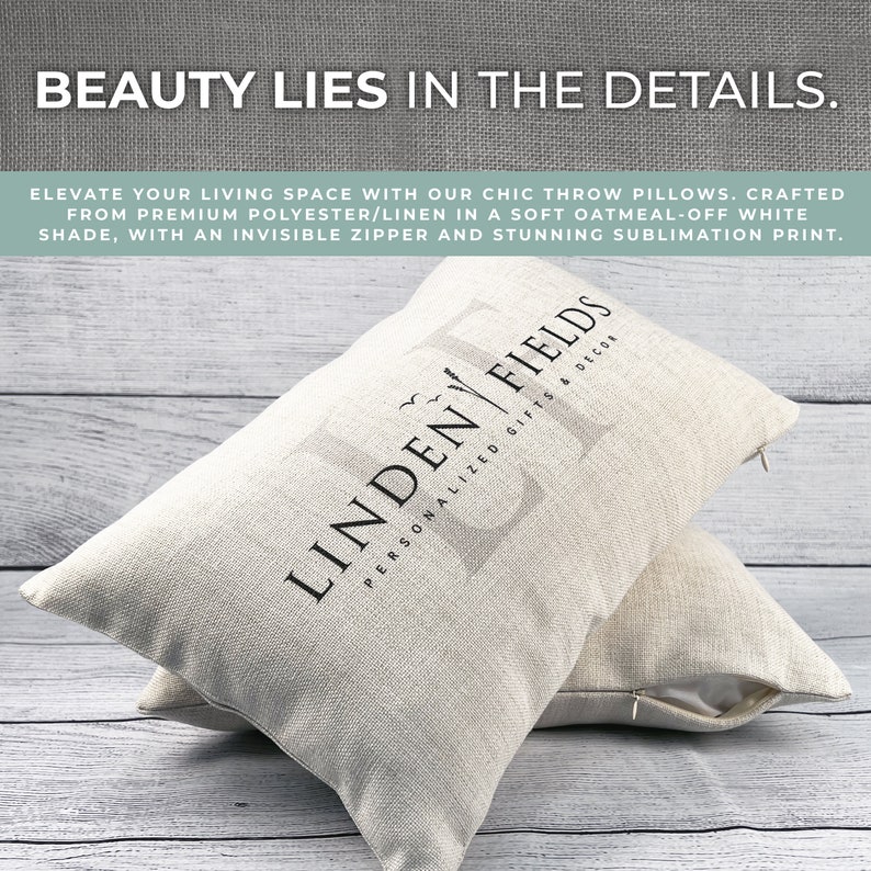 May include: Two off-white throw pillows with a subtle linen texture. The pillow on top has a black logo that reads "Linden Fields Personalized Gifts & Decor".