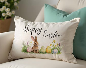 Easter Bunny Pillow - Easter Pillow Covers - Spring Throw Pillow Covers - Watercolor Easter Picture - Easter Decor - Happy Easter Pillow