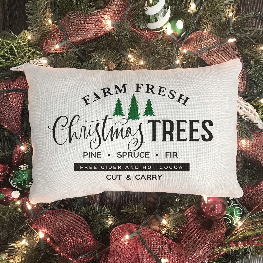 Farm Fresh Christmas Trees Pillow Lumbar Christmas Pillow Cover Holiday Throw Pillow Rustic