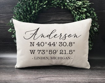 GPS Coordinates Pillow - Latitude Longitude Pillow - Closing Gifts For Buyers - Address Pillow - Personalized Last Name Farmhouse Pillow