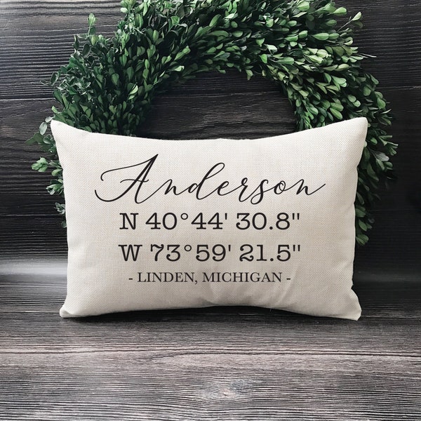 GPS Coordinates Pillow - Latitude Longitude Pillow - Closing Gifts For Buyers - Address Pillow - Personalized Last Name Farmhouse Pillow