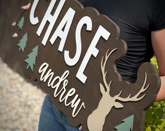 Deer Hunting Nursery Decor Custom Wood Baby Name Sign | 3D Personalized Deer Antler Name Sign | Monogram Nursery Decor | Custom Name Sign