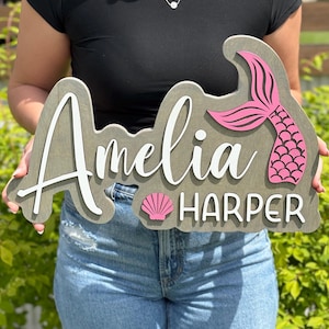 Custom Wood Mermaid Name Sign | Girls Name Sign For Above Crib | Mermaid Nursery Wall Art | Layered Baby Name Sign | Seashell Ocean Decor