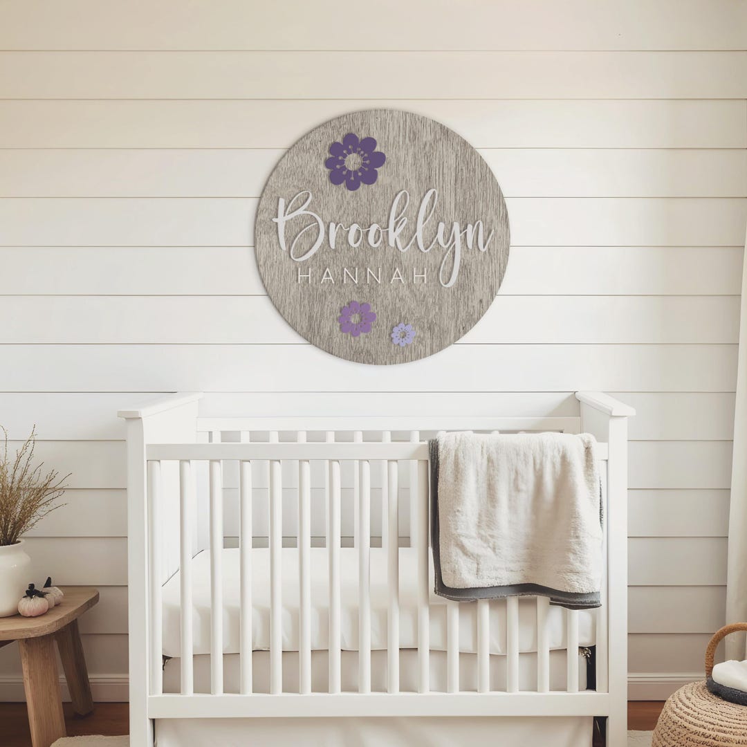 Name Sign Girl Rustic Rectangular Round Custom Wood Name Sign With Flowers | Layered Stacked Girls ...