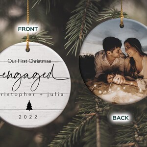 Our First Christmas Engaged Ornament - Custom Wedding Photo Ornament - Farmhouse Christmas Decor - Two Sided Photo Ornament