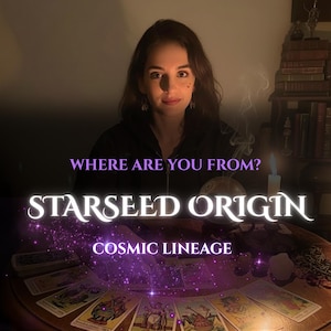 May include: An image with the text "WHERE ARE YOU FROM? STARSEED ORIGIN COSMIC LINEAGE". The image features a person and tarot cards on a table, with a candle and books in the background. The text is in a stylized font with a purple glow.