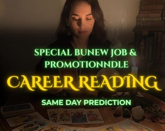 May include: A woman is seen performing a career reading with tarot cards. The image features the text "SPECIAL BUNEW JOB & PROMOTIONNDLE CAREER READING SAME DAY PREDICTION" in green and yellow. Tarot cards are laid out on a wooden table.