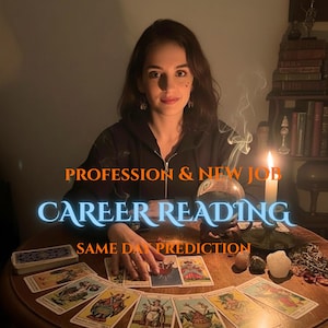 May include: A tarot card reading setup featuring a spread of illustrated cards on a round wooden table, a crystal ball, a lit candle, and text that reads PROFESSION & NEW JOB, CAREER READING, and SAME DAY PREDICTION in orange and blue lettering.