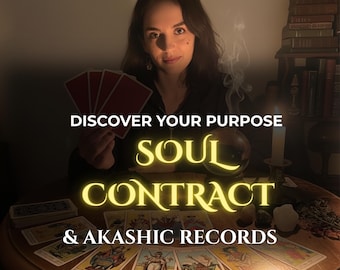 May include: A woman holding red cards, with tarot cards on a wooden table. The text reads "DISCOVER YOUR PURPOSE SOUL CONTRACT & AKASHIC RECORDS". A lit candle, a crystal ball, and books are also visible.
