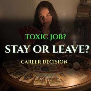 Könnte beinhalten: Eine Frau mit Spielkarten und Tarotkarten auf einem Holztisch. Der Text lautet: "TOXIC JOB? STAY OR LEAVE? CAREER DECISION."