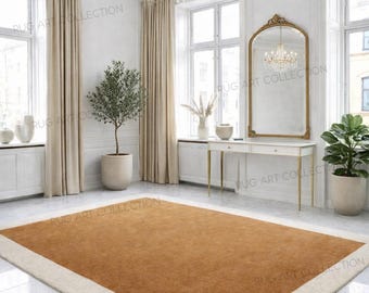 Handmade Camel Wool Rug – Plush Modern Minimal Ivory Border