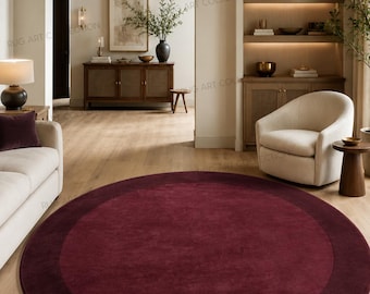 Hand Tufted Burgundy Round Wool Rug, Modern Circle Area Carpet for Living Room