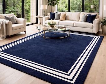 Hand Tufted Navy Blue Area Rug Ivory Triple Border Modern Minimalist Living Room Carpet