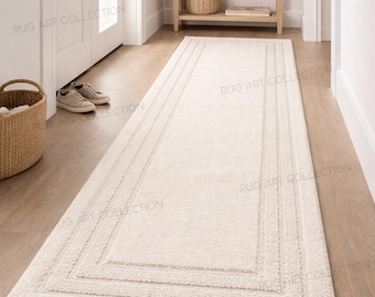 Hand Tufted Ivory Wool Runner Rug Minimalist Hallway Carpet Scandinavian Modern Entryway Rug