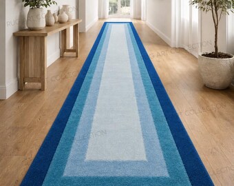 Hand Tufted Wool Runner Rug, Modern Blue Geometric Border Carpet