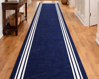 Hand Tufted Navy Blue Runner Rug Ivory Border Modern Minimalist Hallway Area Carpet
