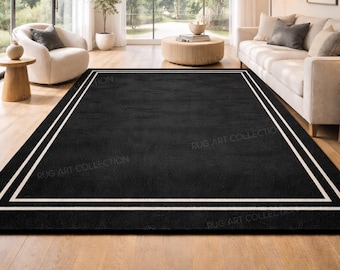 Handmade Black Wool Area Rug with Ivory Border Minimalist Modern Living Room Carpet Decor