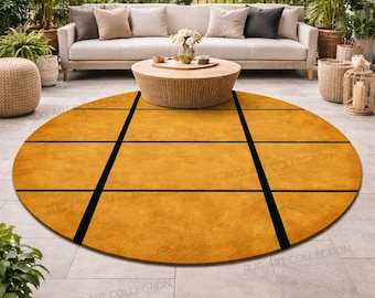 Mustard Round Rug, Modern Geometric Grid Carpet, Hand Tufted Wool Circle Area Rug Decor
