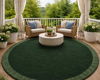 Luxury Green Round Rug Hand Tufted Wool Silk Border Modern Minimalist Area Carpet