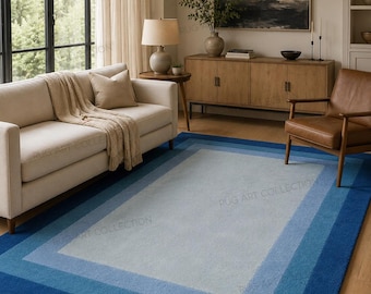 Hand Tufted Blue Border Wool Area Rug, Modern Minimalist Living Room Carpet