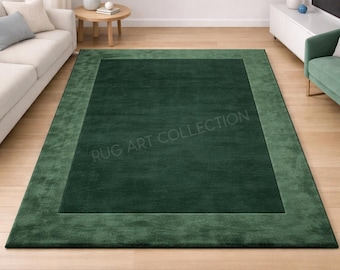 Hand Tufted Wool & Silk Rug: Dark Green Border Area Carpet, Handmade Plush Custom Size
