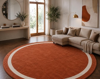 Rust Orange Round Rug Ivory Border Hand Tufted Wool Area Rug Modern Minimalist Carpet