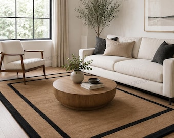 Hand Tufted Wool Area Rug, Camel Beige Black Border Rug, Modern Living Room Carpet