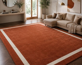 Luxury Hand Tufted Rust Orange Area Rug Ivory Border Modern Wool Living Room Carpet