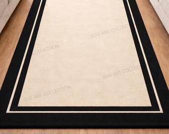 Handmade Ivory Wool Area Rug Black Border Minimalist Modern Neutral Living Room Bedroom Decor