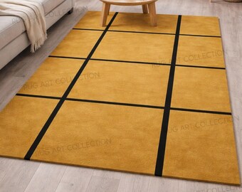 Mustard Yellow Area Rug, Modern Geometric Grid Carpet, Hand Tufted Wool Living Room Rug