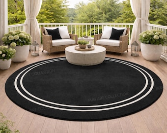Handmade Black Round Wool Rug Ivory Border Modern Minimal Circle Carpet Living Room Decor