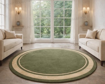 Handmade Moss Green Round Wool Rug with Beige Border Modern Plush Living Room Carpet